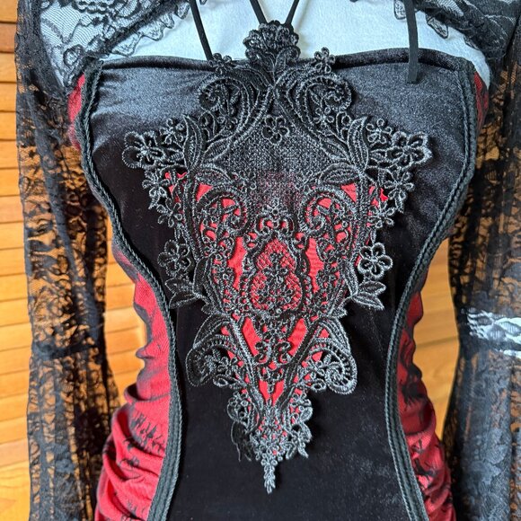 Gothic Victorian Vampire Bloody Garden of Delight Black & Red Lace Velvet Gown - Picture 3 of 15